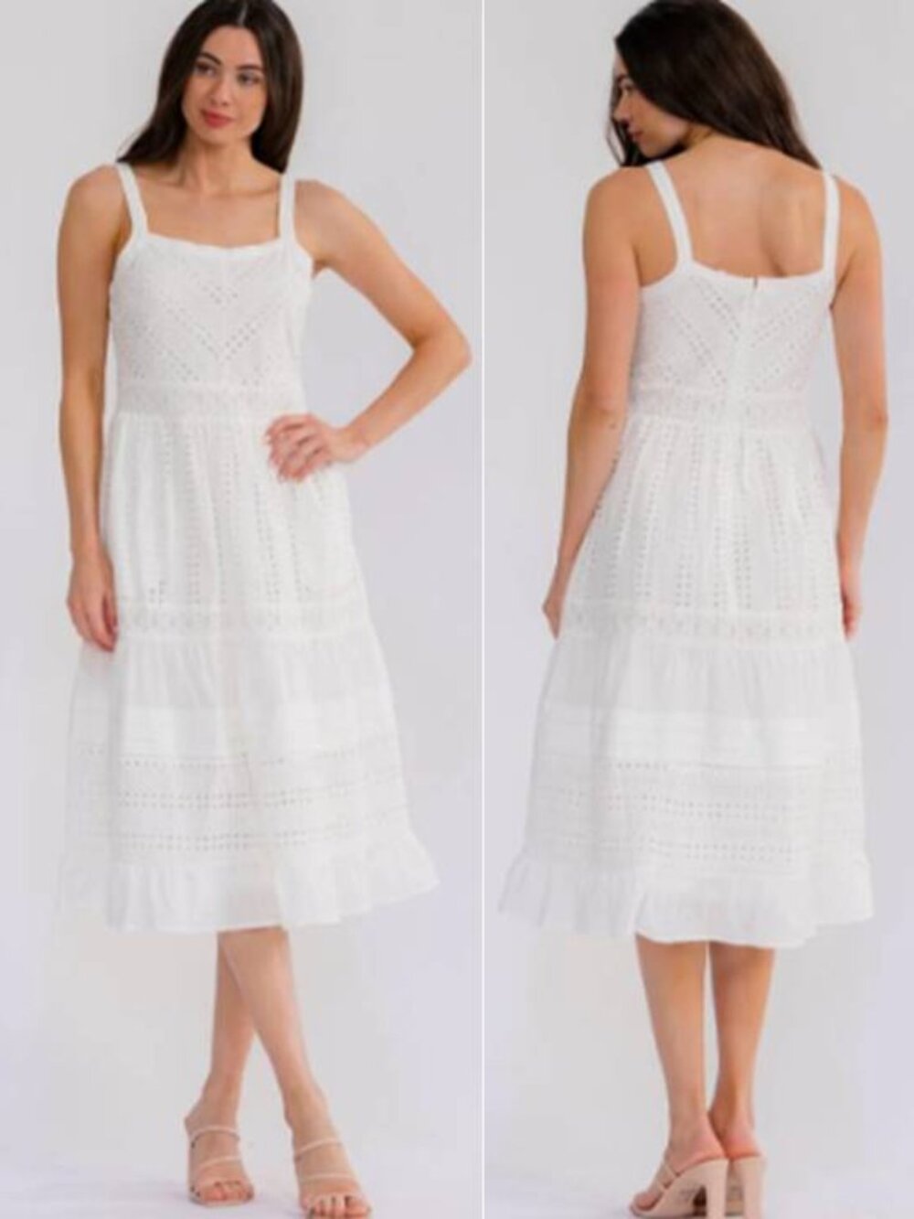 Womens Classic Tiered Eyelet Midi Dress 100% Cotton Side Pockets Party White